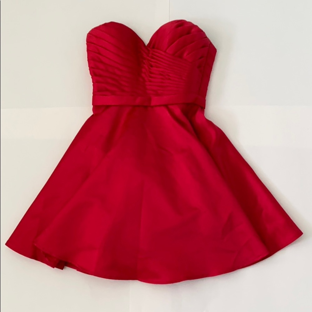 Red strapless event dress